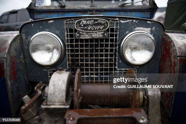 Picture taken on April 28, 2018 shows details of a Land Rover during a Land Rover gathering for the 70-year-old Platinum Jubilee organized by the...