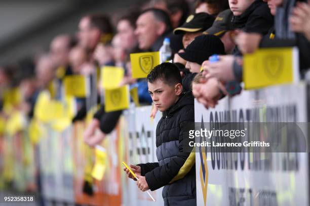 Burton Albion fan looks on during the Sky Bet Championship match between Burton Albion and Bolton Wanderers at Pirelli Stadium on April 28, 2018 in...