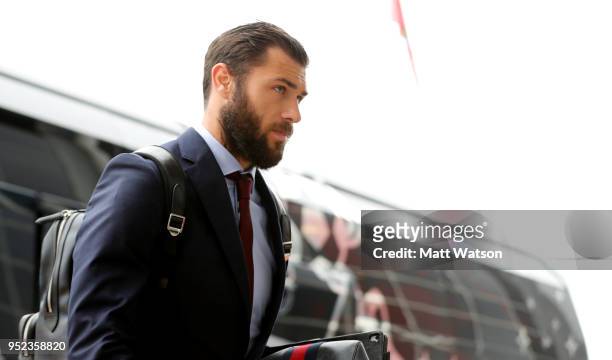 Charlie Austin of Southampton arrives ahead of the Premier League match between Southampton and AFC Bournemouth at St Mary's Stadium on April 28,...
