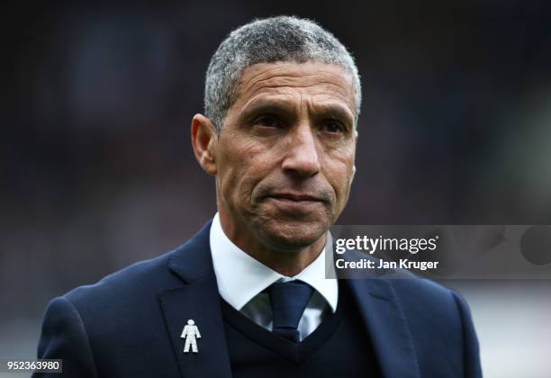 Chris Hughton, Manager of Brighton looks on prior to the Premier League match between Burnley and Brighton and Hove Albion at Turf Moor on April 28,...