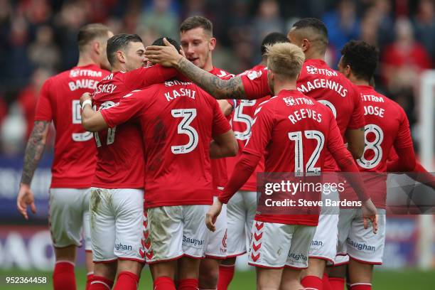 Ahmed Kashi of Charlton Athletic celebrates scoring a goal with his team mates during the Sky Bet League One match between Charlton Athletic and...