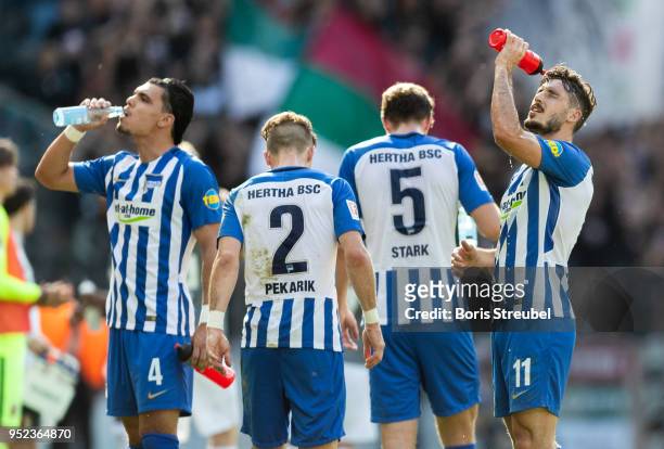 Hertha players refresh during the Bundesliga match between Hertha BSC and FC Augsburg at Olympiastadion on April 28, 2018 in Berlin, Germany.