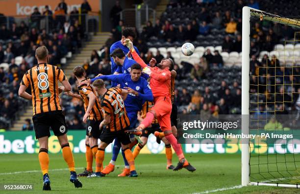 Cardiff City's Sean Morrison scores his side's first goal of the game during the Sky Bet Championship match at the KCOM Stadium, Hull.