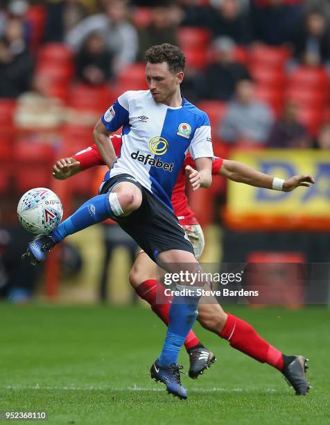 Cory Evans of Blackburn Rovers controls the ball during the Sky Bet League One match between Charlton Athletic and Blackburn Rovers at The Valley on...