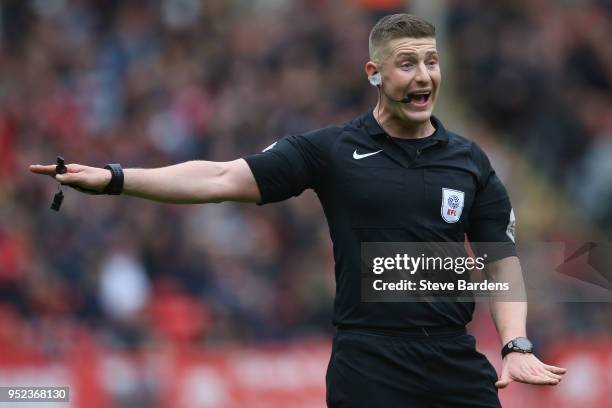 The Referee, Robert Jones gives a decision during the Sky Bet League One match between Charlton Athletic and Blackburn Rovers at The Valley on April...