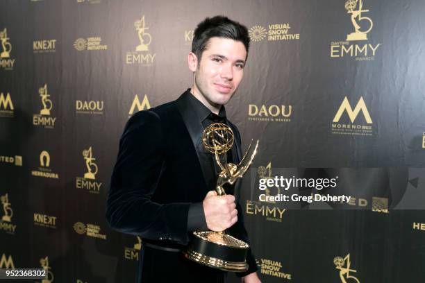 Kristos Andrews displays his Emmy at the 2018 Daytime Creative Arts Emmy Awards at Pasadena Civic Center on April 27, 2018 in Pasadena, California.