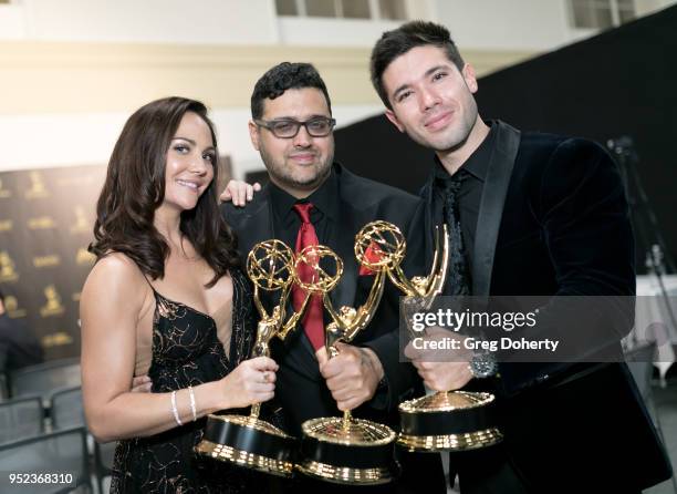 Jade Harlow, Gregori J. Martin and Kristos Andrews display their Emmy's at the 2018 Daytime Creative Arts Emmy Awards at Pasadena Civic Center on...