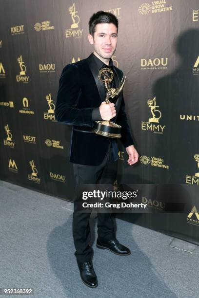 Kristos Andrews displays his Emmy at the 2018 Daytime Creative Arts Emmy Awards at Pasadena Civic Center on April 27, 2018 in Pasadena, California.