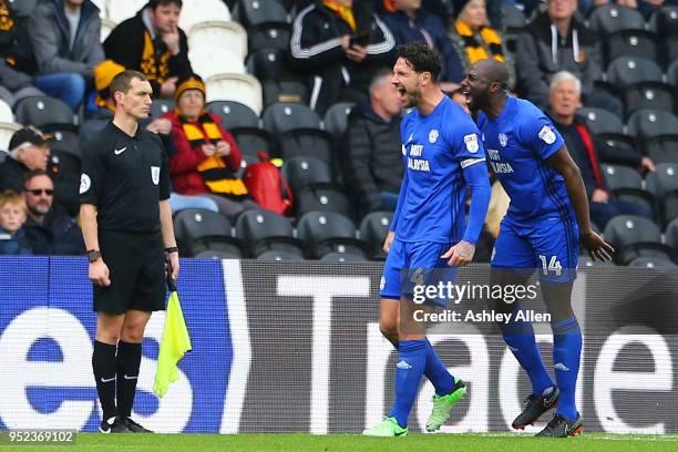 Sean Morrison and Souleymane Bamba of Cardiff City celebrate during the Sky Bet Championship match between Hull City and Cardiff City at KCOM Stadium...