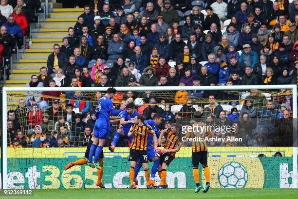 Sean Morrison of Cardiff City scores during the Sky Bet Championship match between Hull City and Cardiff City at KCOM Stadium on April 28, 2018 in...
