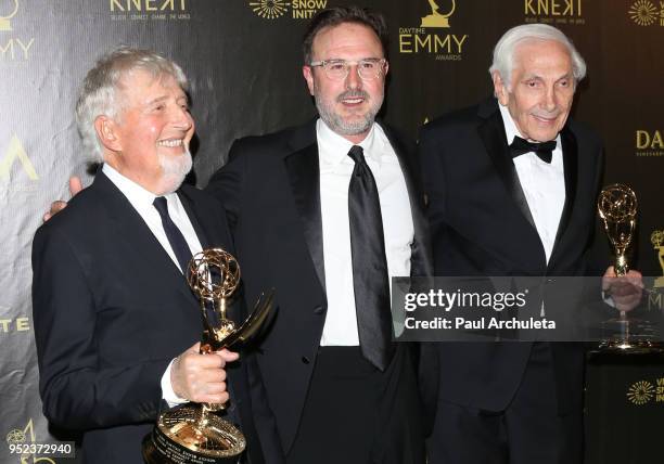 Producers Sid Krofft, Actor David Arquette and Producer Marty Krofft attend the press room at the 45th Annual Daytime Creative Arts Emmy Awards at...