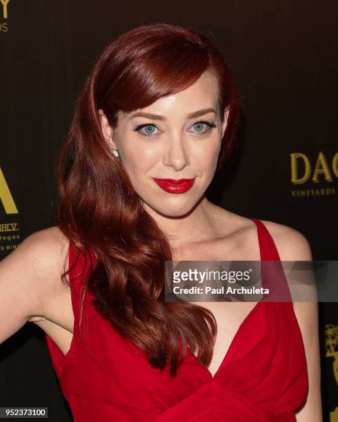 Actress Alie Ward attends the press room at the 45th Annual Daytime Creative Arts Emmy Awards at the Pasadena Civic Auditorium on April 27, 2018 in...