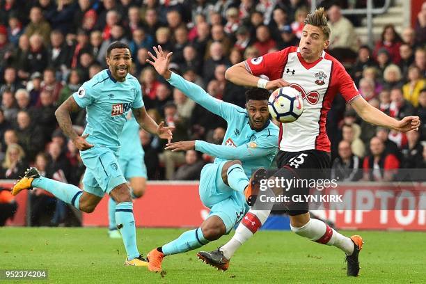 Bournemouth's French midfielder Lys Mousset takes a shot during the English Premier League football match between Southampton and Bournemouth at St...