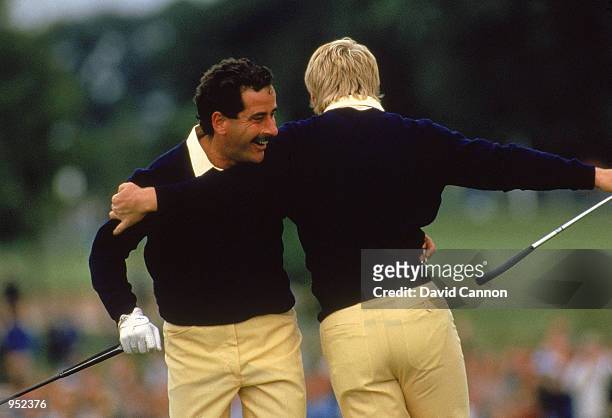 Sam Torrance and Howard Clark of the European team celebrate during the Ryder Cup at the Belfry in Sutton Coldfield in England. \ Mandatory Credit:...