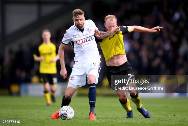 Liam Boyce of Burton Albion has his shirt pulled by Mark Beevers of Bolton Wanderers during the Sky Bet Championship match between Burton Albion and...