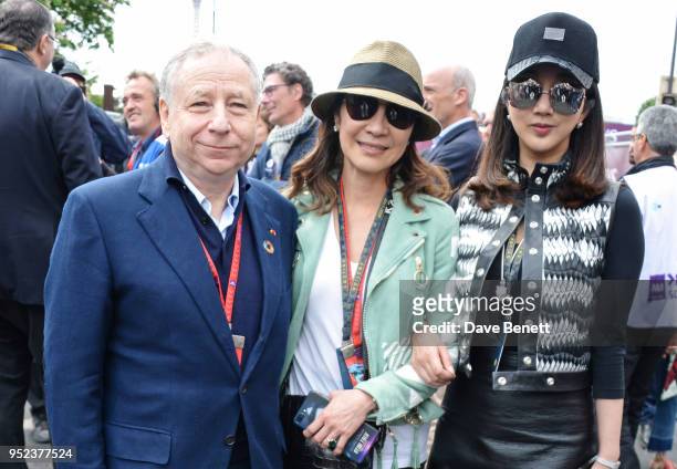 Jean Todt, President of the FIA, Michelle Yeoh and Julia Wenjin attend the ABB FIA Formula E Qatar Airways Paris E-Prix 2018 on April 28, 2018 in...