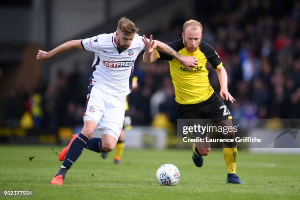 Mark Beevers of Bolton Wanderers and Liam Boyce of Burton Albion battle for possession during the Sky Bet Championship match between Burton Albion...