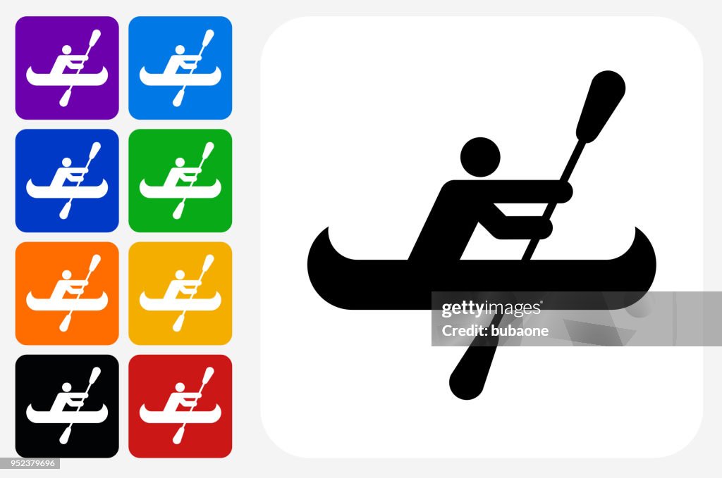 Person Canoeing Icon Square Button Set