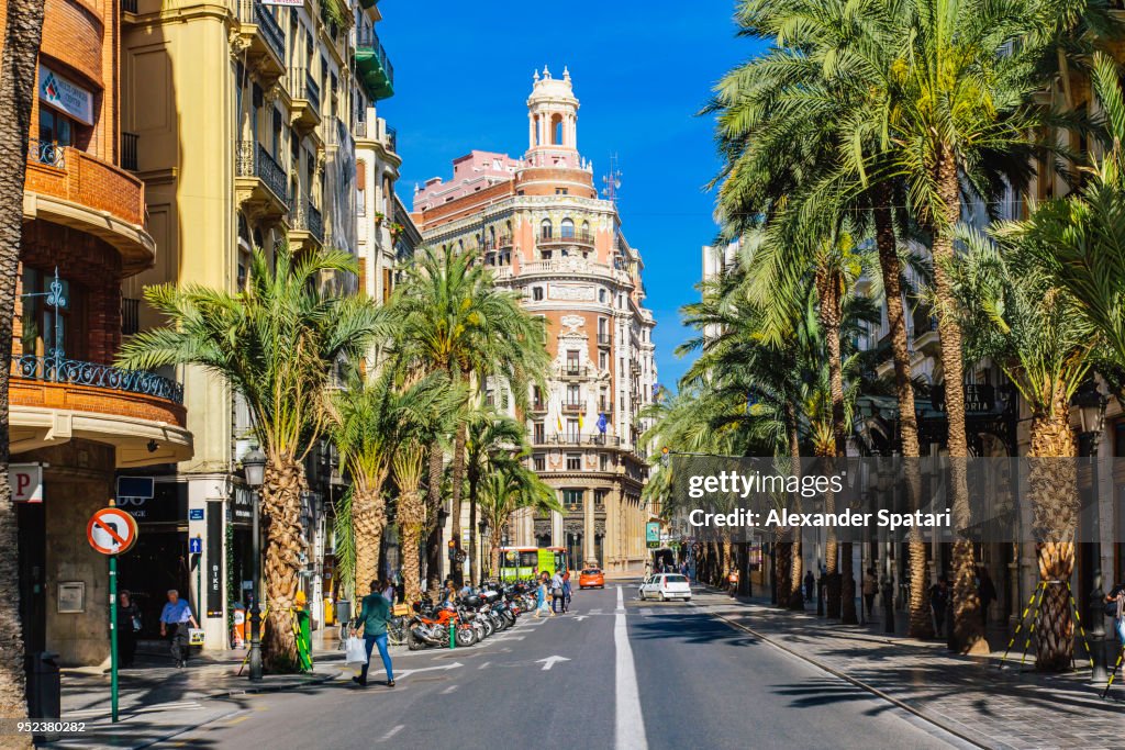 Сarrer de les Barques street with palm trees on a sunny day in Valencia, Spain