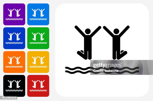 two people jumping in water icon square button set - spring mix white background stock illustrations