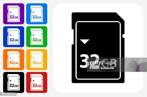 32gb sd card icon square button set - memory card stock illustrations