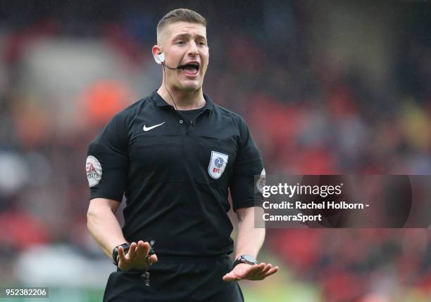 Match Referee Robert Jones during the Sky Bet League One match between Charlton Athletic and Blackburn Rovers at The Valley on April 28, 2018 in...