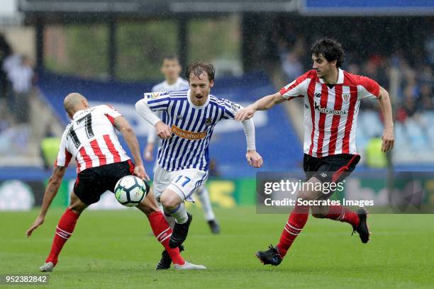 Mikel Rico of Athletic Bilbao, David Zurutuza of Real Sociedad, Mikel San Jose of Athletic Bilbao during the La Liga Santander match between Real...