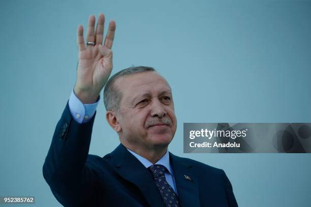 Turkish President Recep Tayyip Erdogan greets the crowd after attending AK Party's 6th ordinary provincial congress in western Izmir province, Turkey...