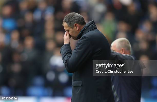 Manager Paul Clement of Reading looks dejected after a shot goes wide during the Sky Bet Championship match between Reading and Ipswich Town at...