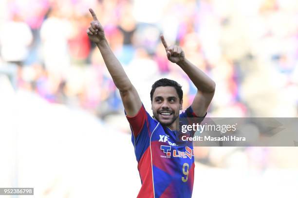Diego Oliveira of FC Tokyo celebrates the third goal during the J.League J1 match between FC Tokyo and Nagoya Grampus at Ajinomoto Stadium on April...