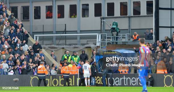 Marc Albrighton of Leicester City heads for an early shower after being sent off by referee Mike Dean during the Premier League match between Crystal...