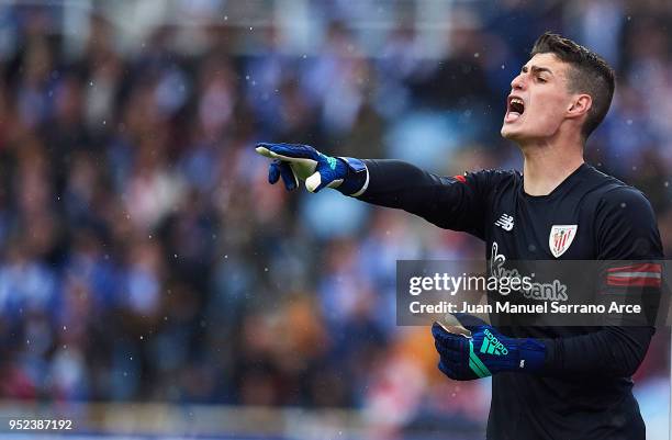 Kepa Arrizabalaga of Athletic Club reacts during the La Liga match between Real Sociedad and Athletic Club at Estadio de Anoeta on April 28, 2018 in...