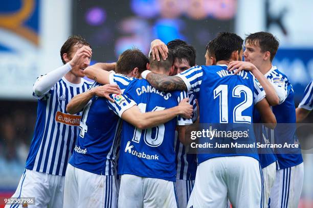 Players of Real Sociedad celebrates a own goal of Mikel San Jose of Athletic Club during the La Liga match between Real Sociedad and Athletic Club at...