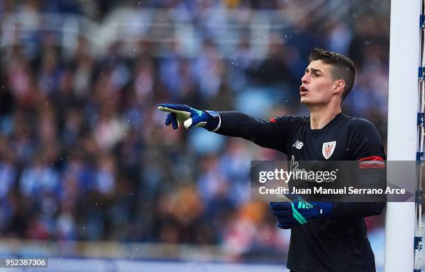 Kepa Arrizabalaga of Athletic Club reacts during the La Liga match between Real Sociedad and Athletic Club at Estadio de Anoeta on April 28, 2018 in...