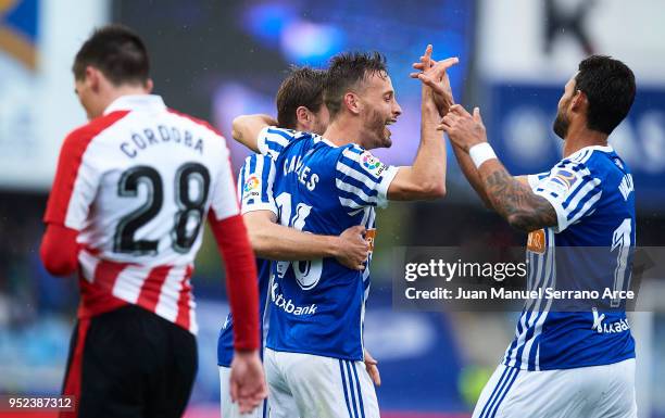 Sergio Canales of Real Sociedad of Real Sociedad celebrates a own goal of Mikel San Jose of Athletic Club during the La Liga match between Real...