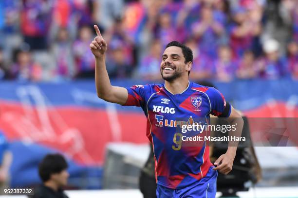 Diego Oliveira of FC Tokyo celebrates the third goal during the J.League J1 match between FC Tokyo and Nagoya Grampus at Ajinomoto Stadium on April...