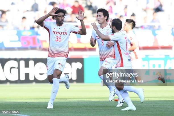 Rocha of Nagoya Grampus celebrates the second goal during the J.League J1 match between FC Tokyo and Nagoya Grampus at Ajinomoto Stadium on April 28,...