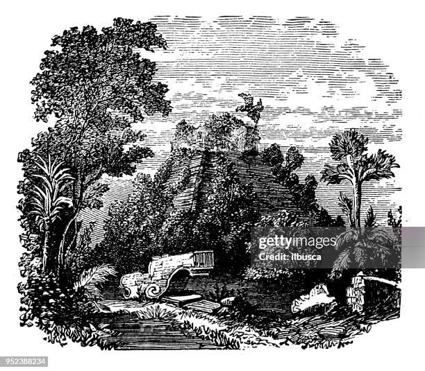 antique engraving illustration: chichen - chichen itza stock illustrations