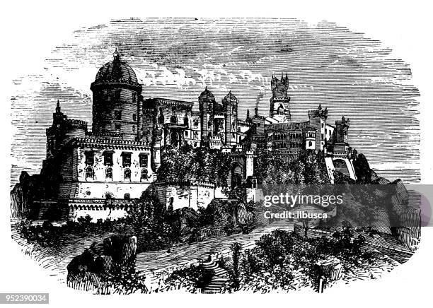 antique engraving illustration: la penna convent, cintra - penna stock illustrations