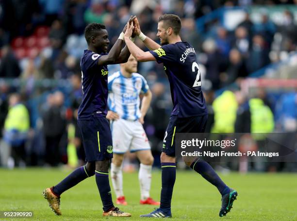 Everton's Idrissa Gueye celebrates with Everton's Morgan Schneiderlin after the final whistle during the Premier League match at the John Smith's...