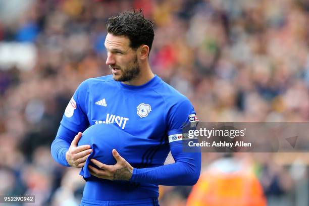 Sean Morrison captain of Cardiff City during the Sky Bet Championship match between Hull City and Cardiff City at KCOM Stadium on April 28, 2018 in...