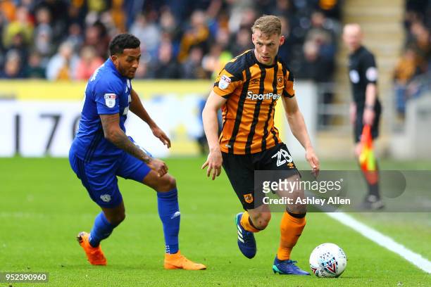Stephen Kingsley of Hull City in action against Nathaniel Mendez-Laing of Cardiff City during the Sky Bet Championship match between Hull City and...