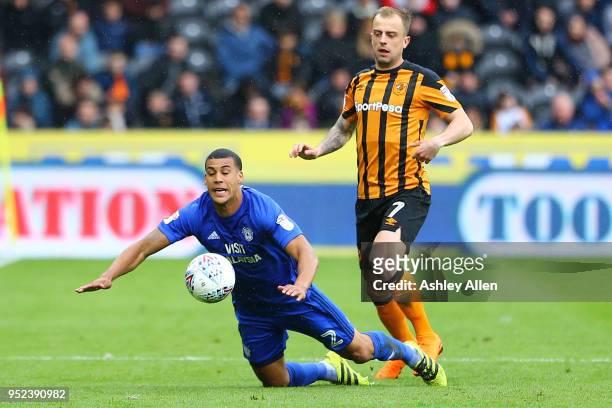 Lee Peltier of Cardiff City is fouled by Kamil Grosicki of Hull City during the Sky Bet Championship match between Hull City and Cardiff City at KCOM...