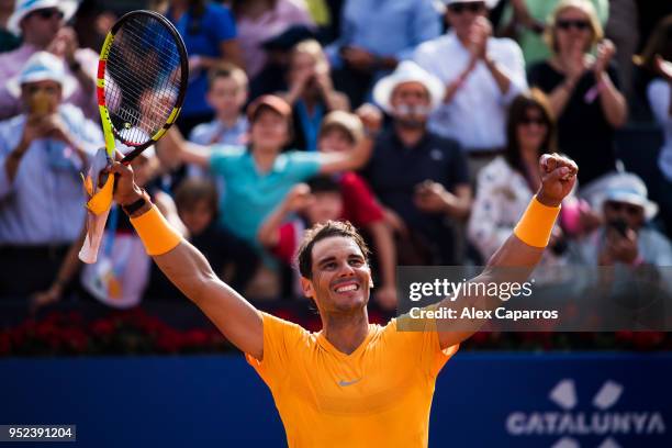 Rafael Nadal of Spain celebrates his victory against David Goffin of Belgium in their semi-final match during day six of the Barcelona Open Banc...