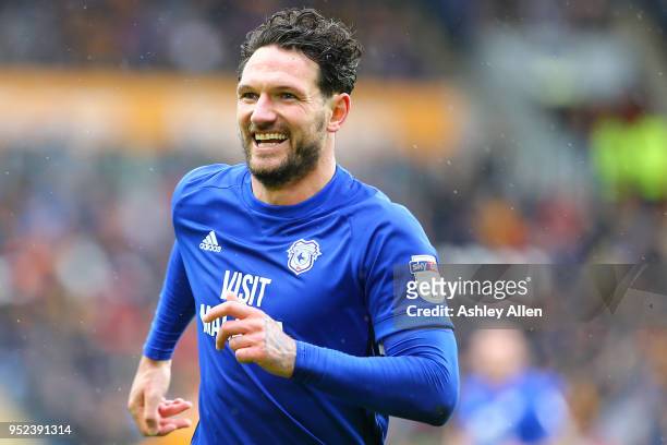 Sean Morrison captain of Cardiff City celebrates scoring his second goal during the Sky Bet Championship match between Hull City and Cardiff City at...