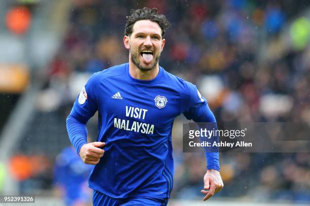 Sean Morrison captain of Cardiff City celebrates scoring his second goal during the Sky Bet Championship match between Hull City and Cardiff City at...
