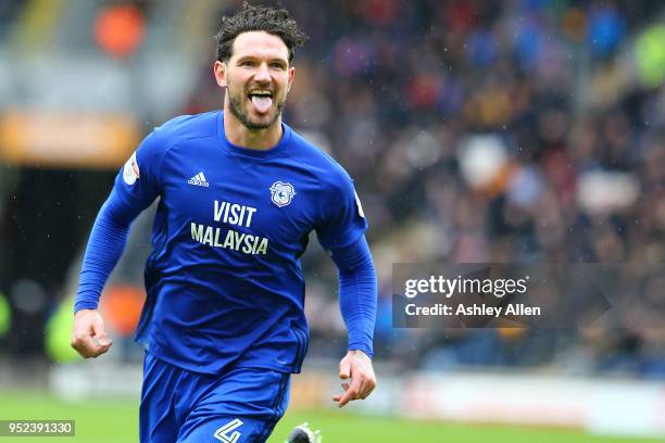 Sean Morrison captain of Cardiff City celebrates scoring his second goal during the Sky Bet Championship match between Hull City and Cardiff City at...