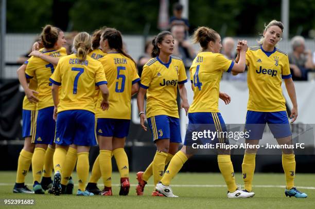 Sofia Cantore of Juventus Women celebrates after scoring his side second goal during the serie A match between Juventus Women and Ravenna Women on...