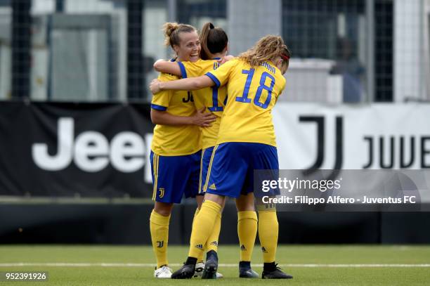 Sofia Cantore of Juventus Women celebrates after scoring his side second goal during the serie A match between Juventus Women and Ravenna Women on...