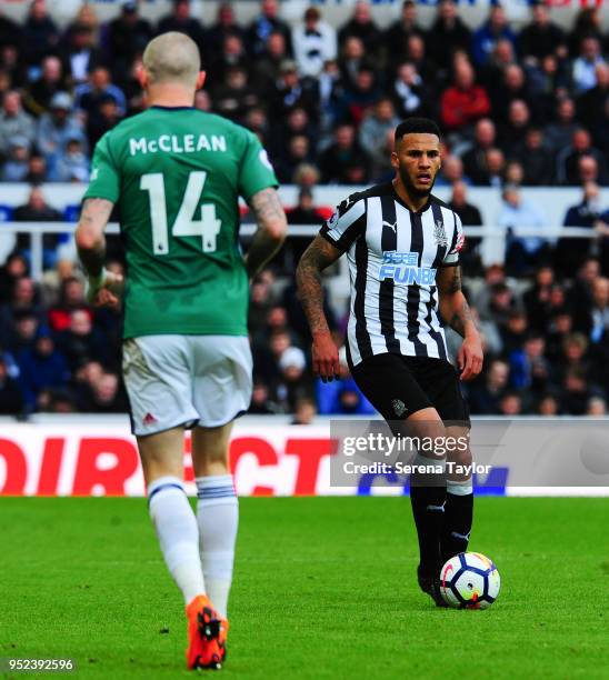 Jamaal Lascelles of Newcastle United control the ball during the Premier League match between Newcastle United and West Bromwich Albion at St.James'...